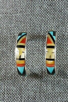 Zuni Multi Stone Inlay & Sterling Silver Hoop Earrings - Delberta Boone - High Lonesome Trading