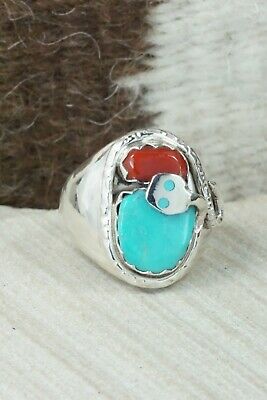 Turquoise, Coral & Sterling Silver Ring - Joy Calabaza - Size 10