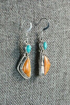 Navajo Turquoise & Spiny Oyster Sterling Silver Earrings - Gary Shorty