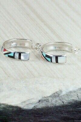 Multi Stone Inlay & Sterling Silver Hoop Earrings - Delberta Boone - High Lonesome Trading