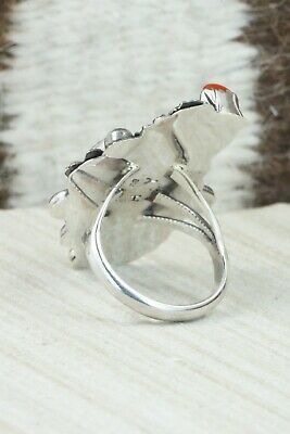 Turquoise, Coral & Sterling Silver Ring - Harry Yazzie - Size 7.5