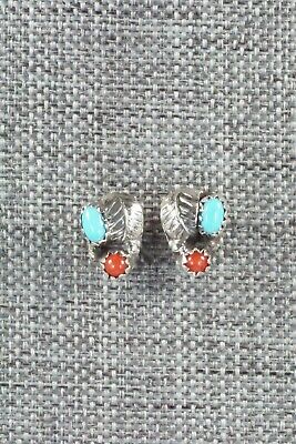 Turquoise, Coral & Sterling Silver Earrings - Roselene Joe