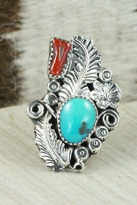 Turquoise, Coral & Sterling Silver Ring - Harry Yazzie - Size 6.5