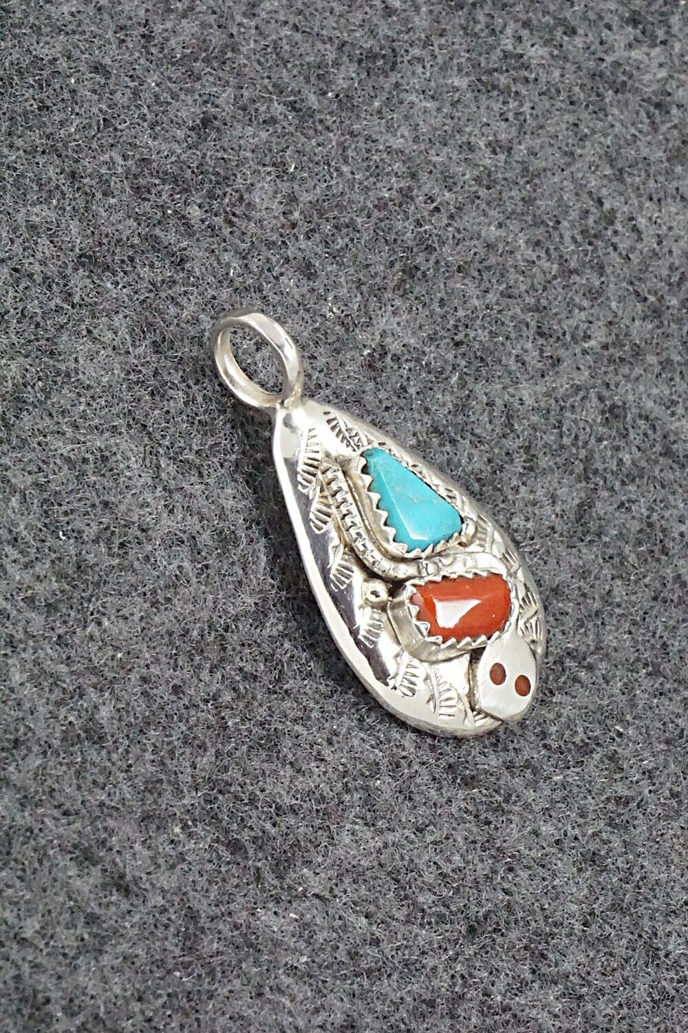 Turquoise, Coral and Sterling Silver Pendant - Joy Calavaza