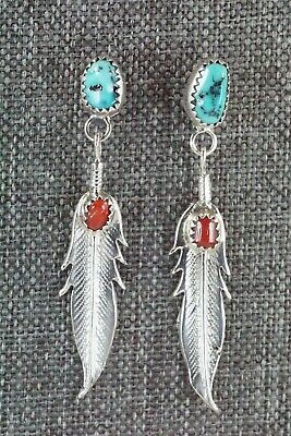 Navajo Turquoise, Coral & Sterling Silver Earrings - Annie Spencer