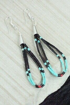 Turquoise, Jet, Coral & Sterling Silver Earrings - Esquipula Tenorio