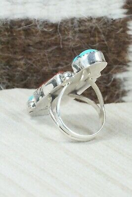 Turquoise & Coral Sterling Silver Ring - Betty House - Size 7.5