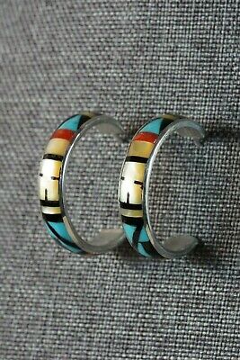 Zuni Multi Stone Inlay & Sterling Silver Hoop Earrings - Delberta Boone - High Lonesome Trading