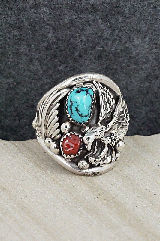 Turquoise, Coral & Sterling Silver Ring - Jeannette Saunders - Size 12