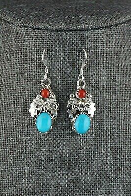 Navajo Turquoise and Coral Sterling Silver Earrings - Roberta Begay - High Lonesome Trading