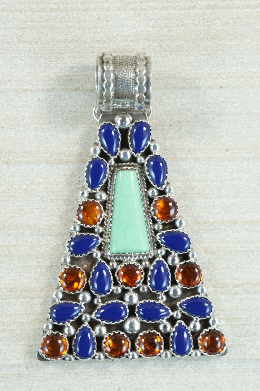 Navajo Lapis, Amber, Gaspeite & Sterling Silver Pendant - Native American