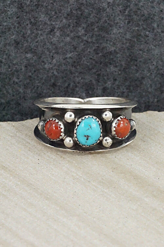 Turquoise, Coral & Sterling Silver Ring - Paul Largo - Size 13