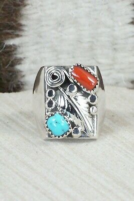 Turquoise, Coral and Sterling Silver Ring - Wilbur Myers - Size 9