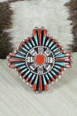Turquoise, Coral & Sterling Silver Ring - Edmund Cooeyate - Size 6