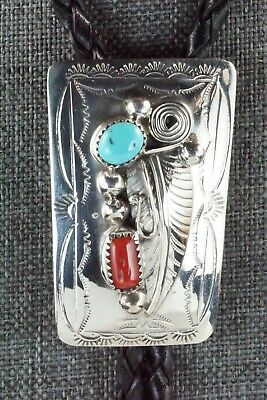 Turquoise, Coral & Sterling Silver Bolo Tie - Wilbur Myers