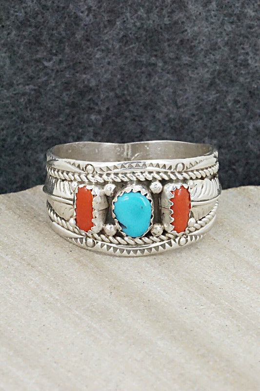 Turquoise, Coral and Sterling Silver Ring - Betty Begay - Size 14.5