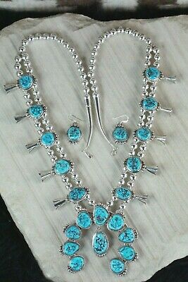 Turquoise & Sterling Silver Squash Blossom & Earrings - Vernon Johnson
