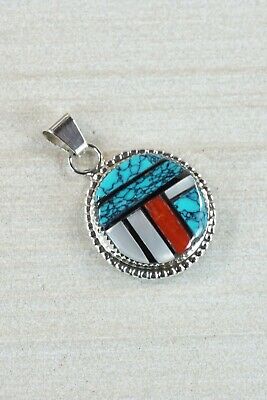 Zuni Inlay Turquoise and Coral Sterling Silver Pendant - Wayne Haloo