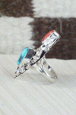 Turquoise, Coral & Sterling Silver Ring - Harry B Yazzie - Size 6.75