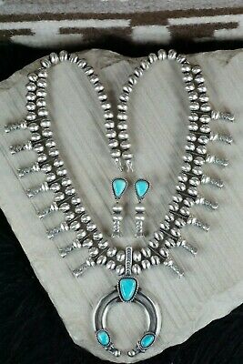 Turquoise & Sterling Silver Squash Blossom & Earrings - Chris Hale