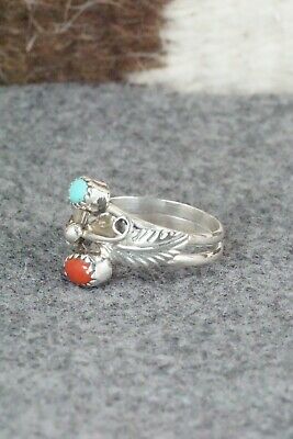 Coral, Turquoise & Sterling Silver Ring - Harry B Yazzie - Size 6.75