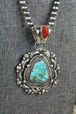 Turquoise, Coral Pendant & Sterling Silver Necklace - Tom Lewis