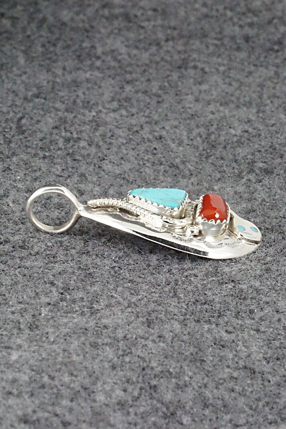 Turquoise, Coral and Sterling Silver Pendant - Joy Calavaza