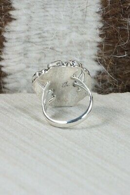 Navajo Turquoise, Coral & Sterling Silver Ring - Roberta Begay - Size 6.5