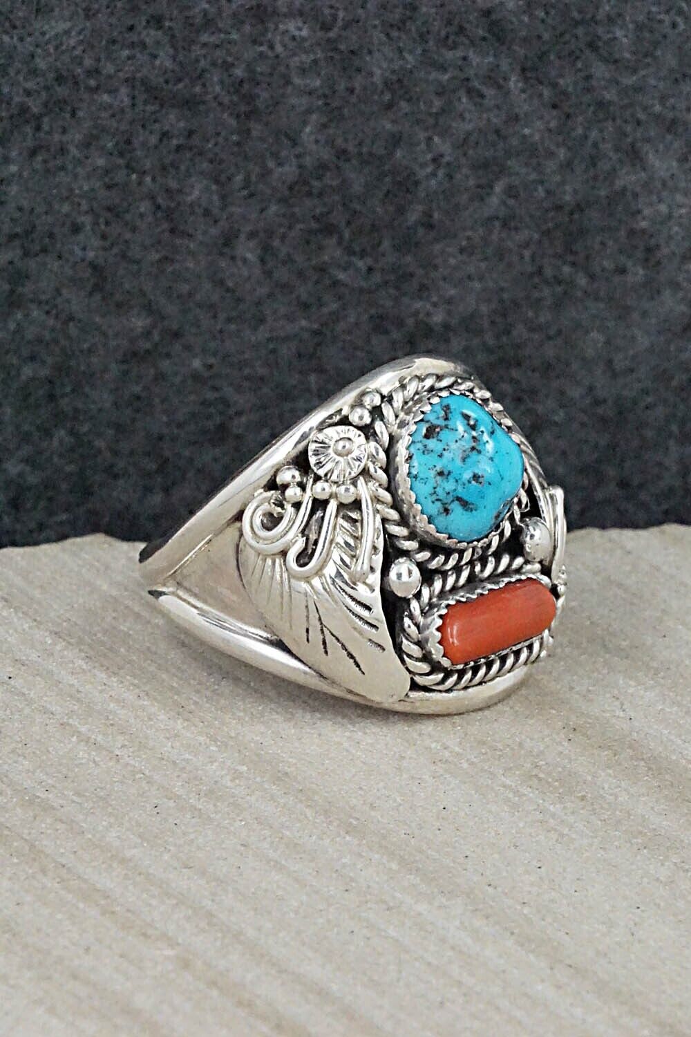Turquoise, Coral & Sterling Silver Ring - Leonard Spencer - 14.5