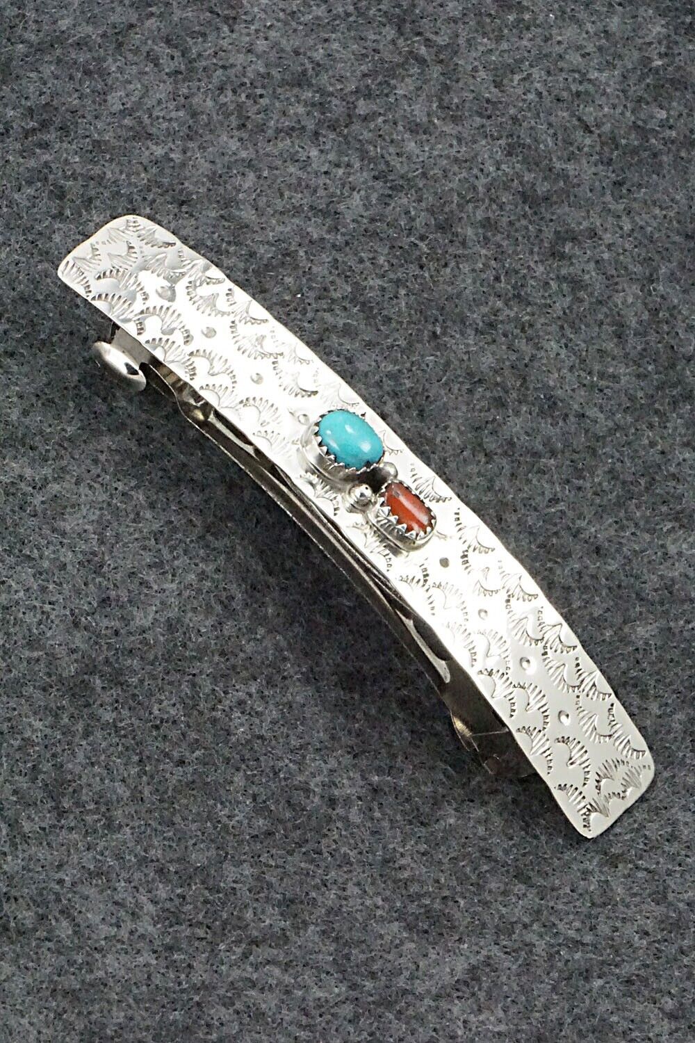 Turquoise, Coral & Sterling Silver Hair Barrette - Sally Arviso