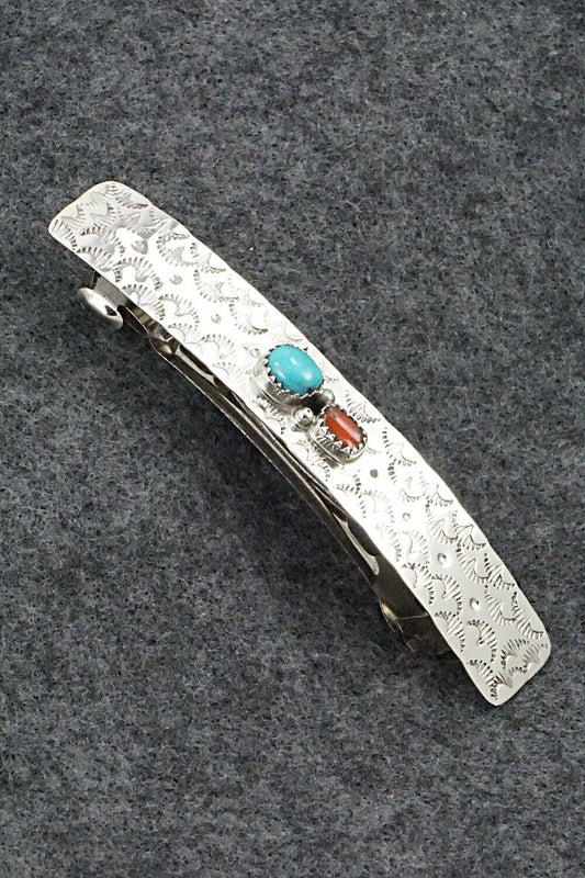 Turquoise, Coral & Sterling Silver Hair Barrette - Sally Arviso