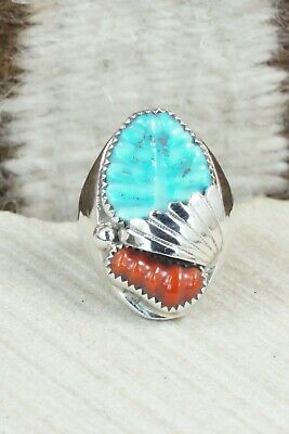 Turquoise, Coral & Sterling Silver Ring - Lyolita Tsattie - Size 6.5