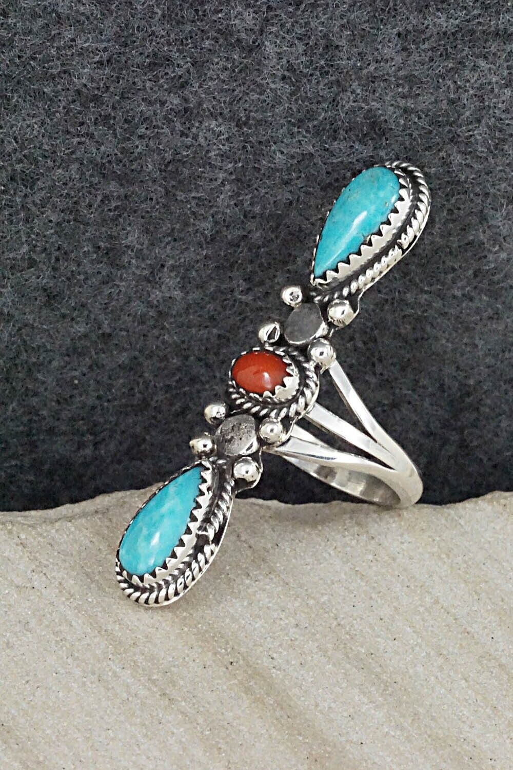 Turquoise, Coral & Sterling Silver Ring - Andrew Vandever - Size 6.5