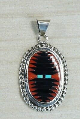 Zuni Inlay Coral & Sterling Silver Pendant - Charlotte Dishta