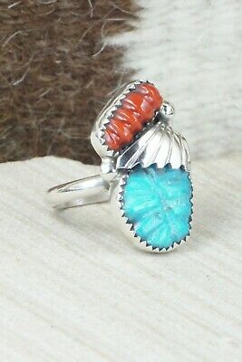 Turquoise, Coral & Sterling Silver Ring - Lyolita Tsattie - Size 6.25