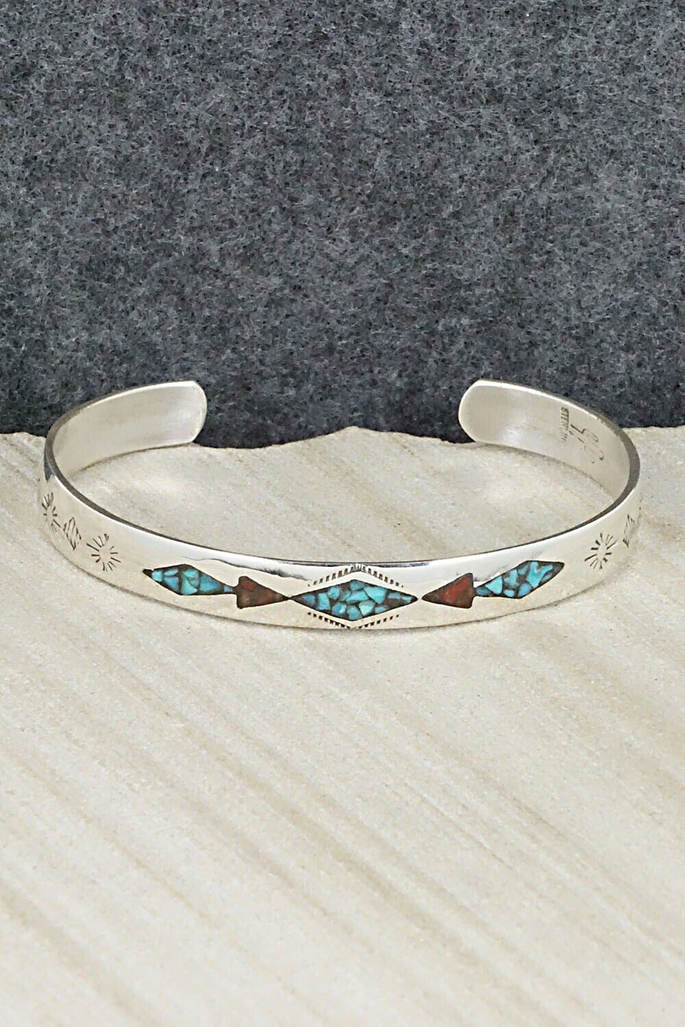Turquoise, Coral Chip Inlay & Sterling Silver Bracelet - Jolene Yazzie