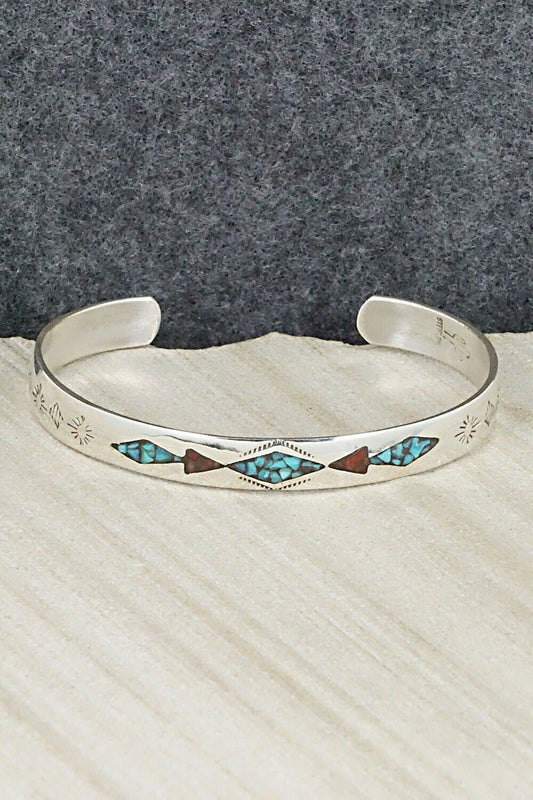 Turquoise, Coral Chip Inlay & Sterling Silver Bracelet - Jolene Yazzie