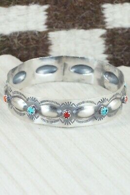 Turquoise, Coral & Sterling Silver Bangle - Tim Yazzie