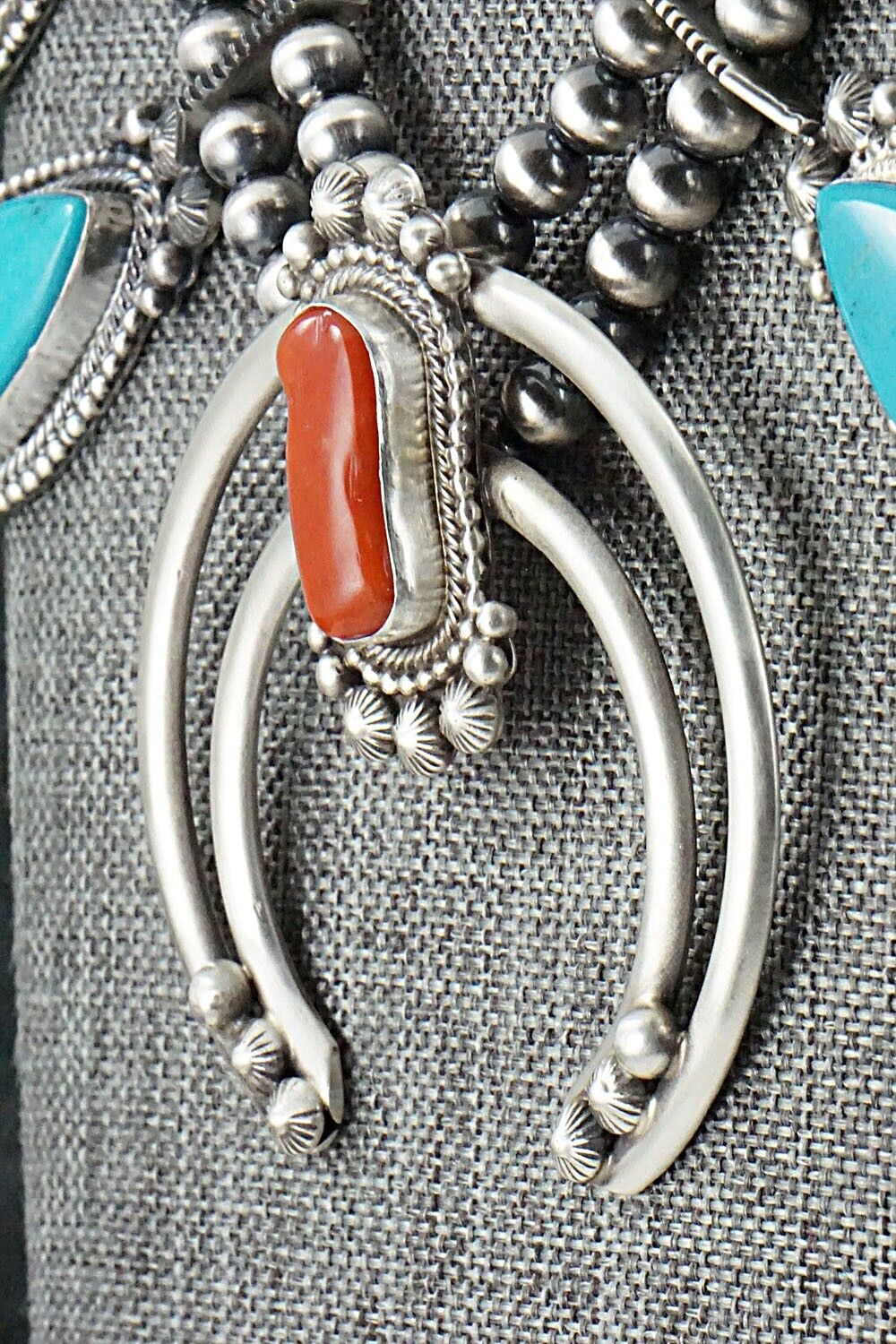 Turquoise, Coral & Sterling Silver Squash Blossom Set - Tom Lewis
