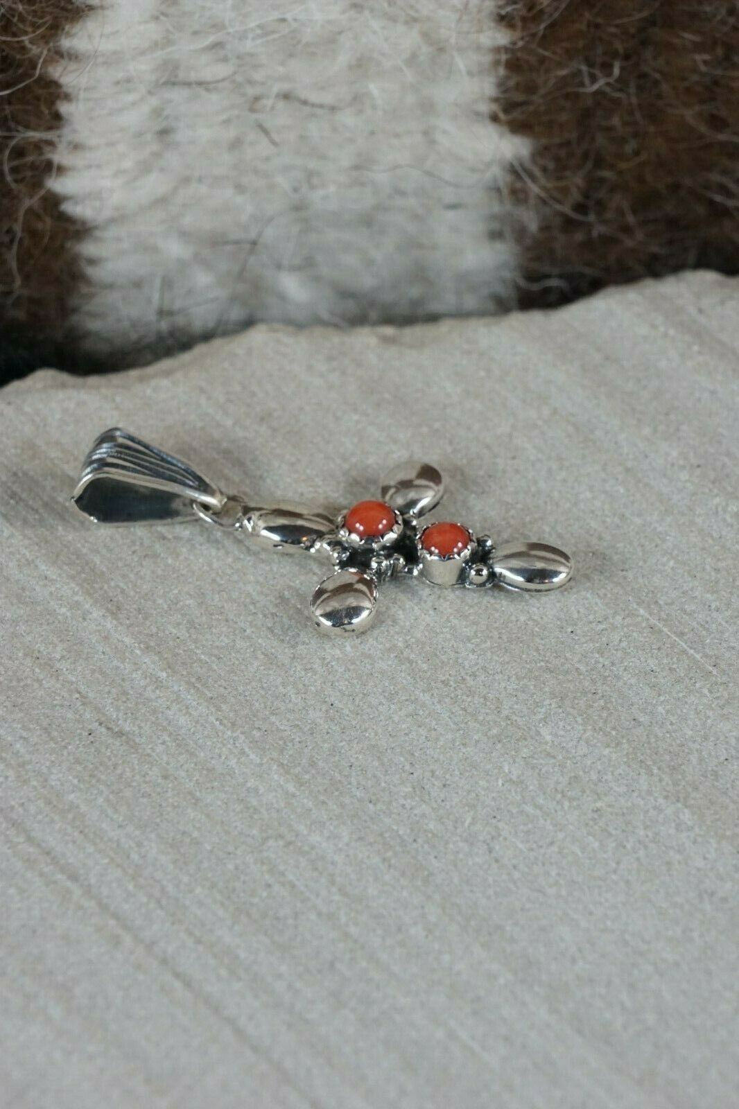 Navajo 2 Stone Coral and Sterling Silver Cross Pendant - Wendell Jake - High Lonesome Trading