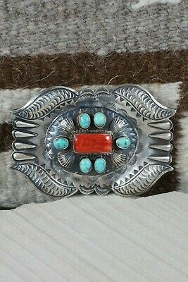 Turquoise & Spiny Oyster Sterling Silver Belt Buckle - Shawn Cayatineto - High Lonesome Trading