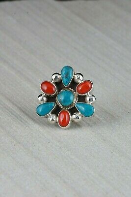 Navajo Turquoise and Coral Cluster Sterling Silver Ring - Roberta Begay - Size 6 - High Lonesome Trading
