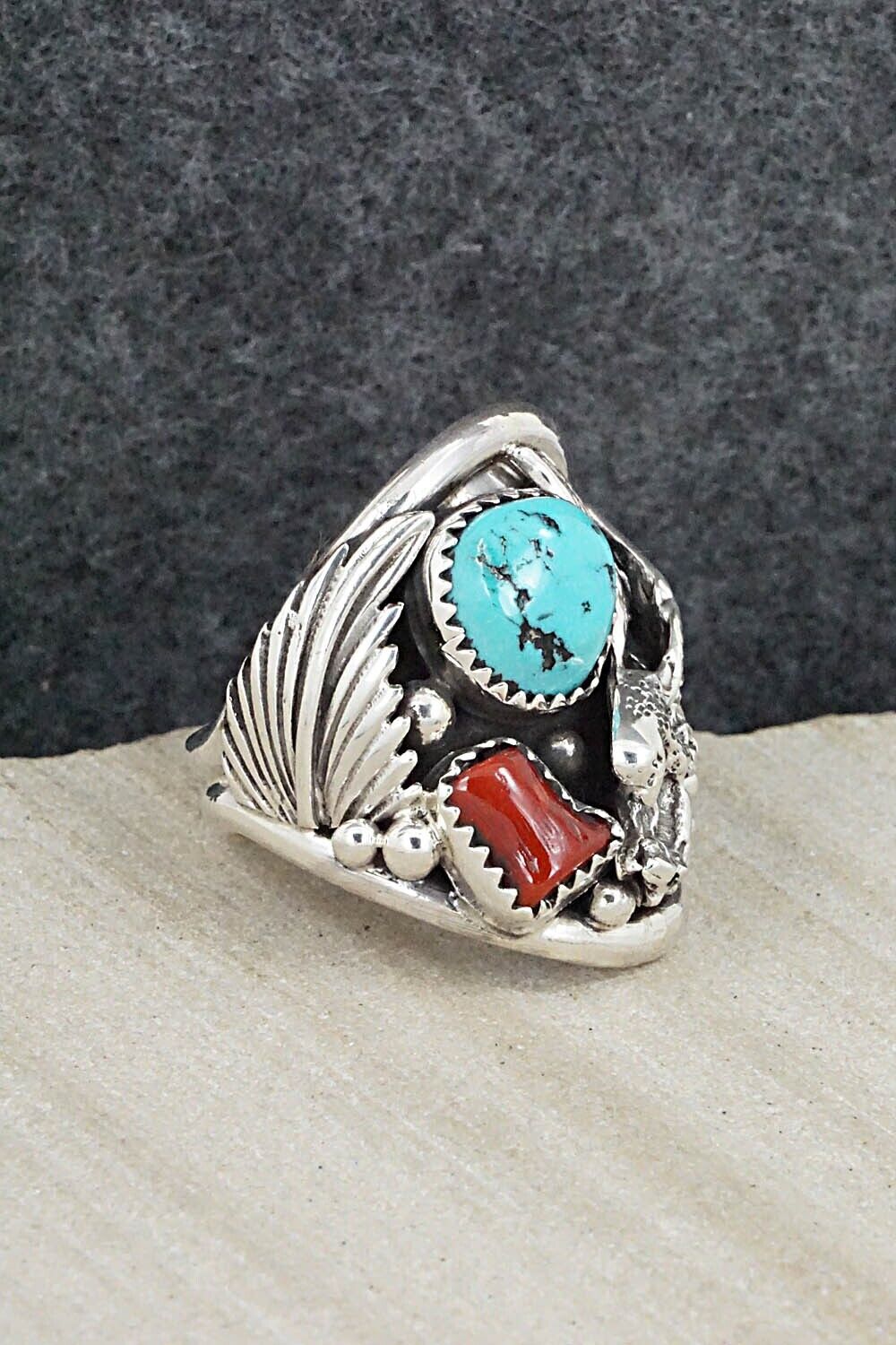 Turquoise, Coral & Sterling Silver Ring - Jeannette Saunders - Size 9.25