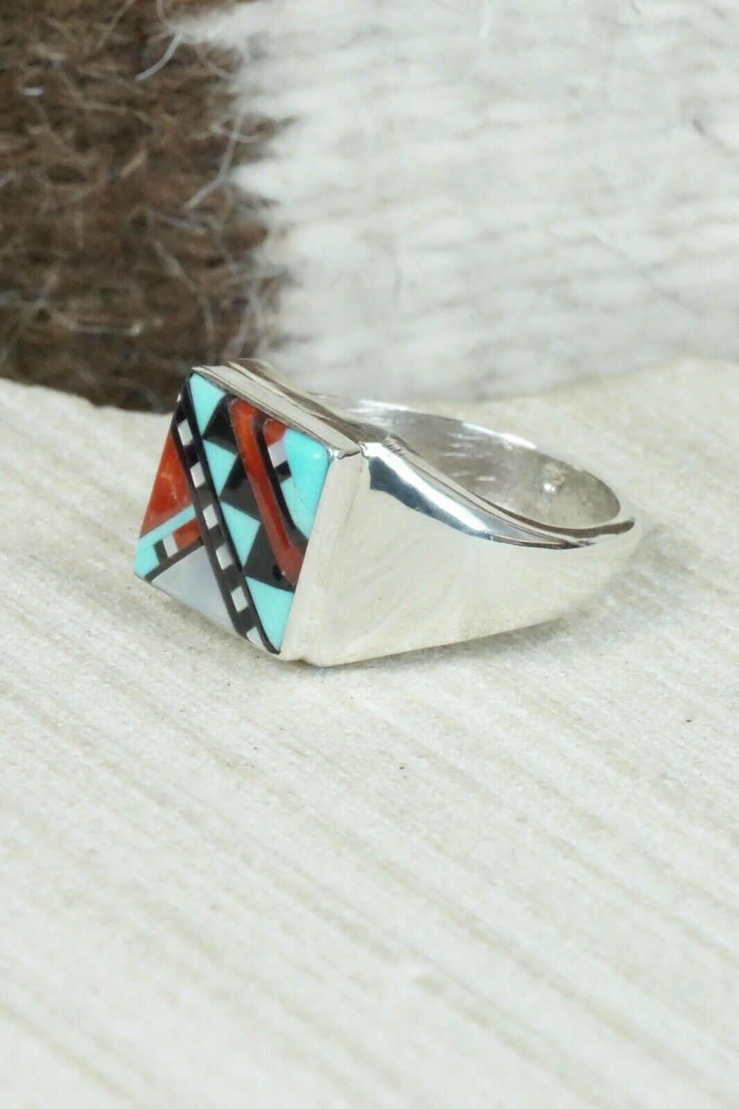 Multi Stone & Sterling Silver Ring - Herbert Kallestewa - Size 9.75