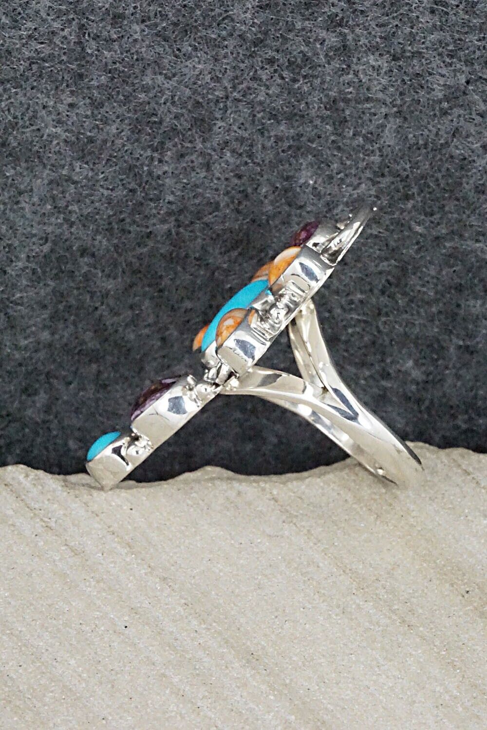 Turquoise, Spiny Oyster & Sterling Silver Ring - Bobby Platero - Size 7.75
