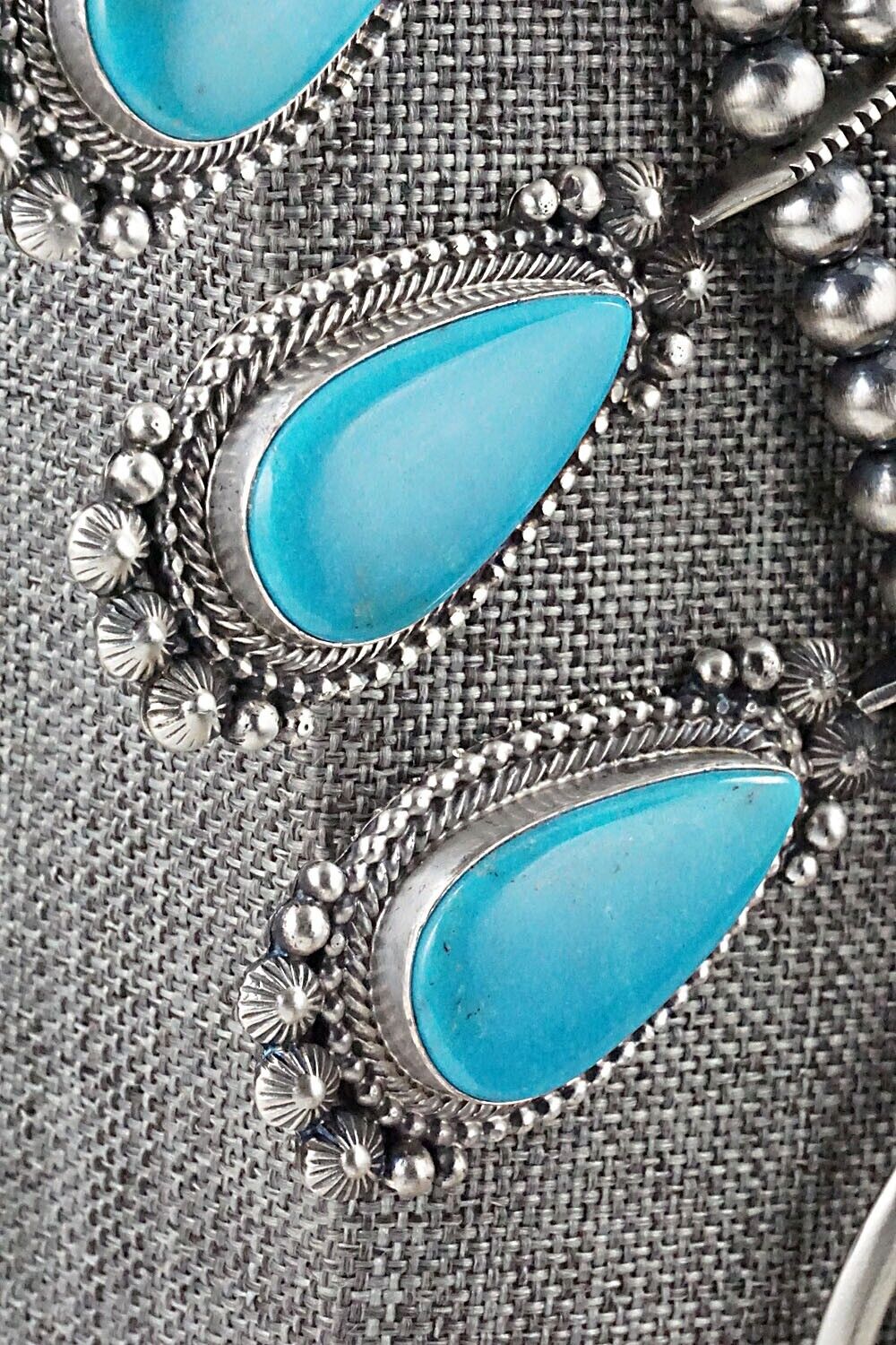 Turquoise, Coral & Sterling Silver Squash Blossom Set - Tom Lewis