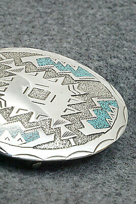 Turquoise Chip Inlay & Sterling Silver Belt Buckle - Raymond Begay