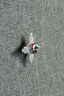Zuni Turquoise, Coral and Sterling Silver Sun Face Tie Tack - Elvira Kiyite - High Lonesome Trading