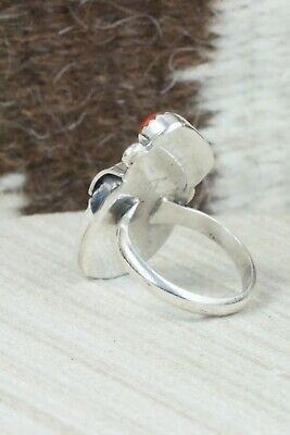 Turquoise, Coral & Sterling Silver Ring - Lyolita Tsattie - Size 6.25