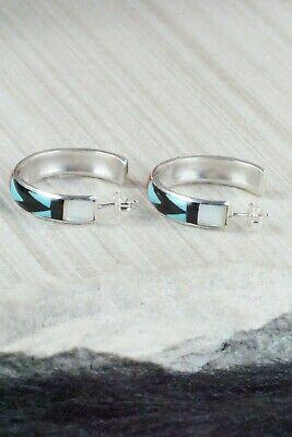 Multi Stone Inlay & Sterling Silver Hoop Earrings - Delberta Boone - High Lonesome Trading